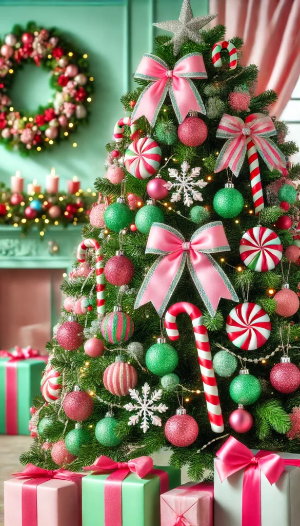 Transform your Christmas tree into a luxurious masterpiece with rose gold and pink metallic ornaments, paired with glittering garlands and white fairy lights. This chic and modern look is perfect for a glamorous holiday.